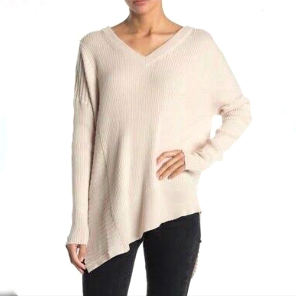 All Saints sweater v neck merino wool asymmetrical hem beige oatmeal colour